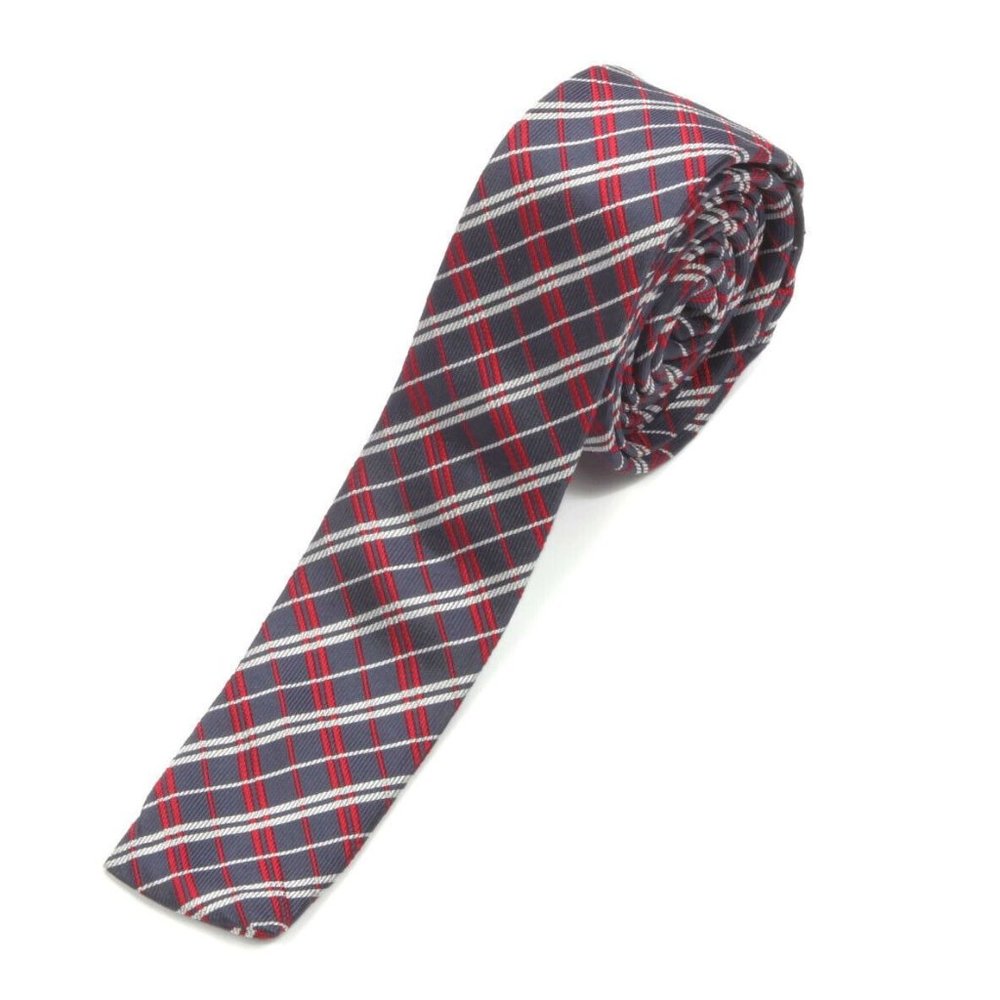 D&G Dolce & Gabbana Navy Blue Red Silver Plaid Ultra Skinny Men's Silk Neck Tie